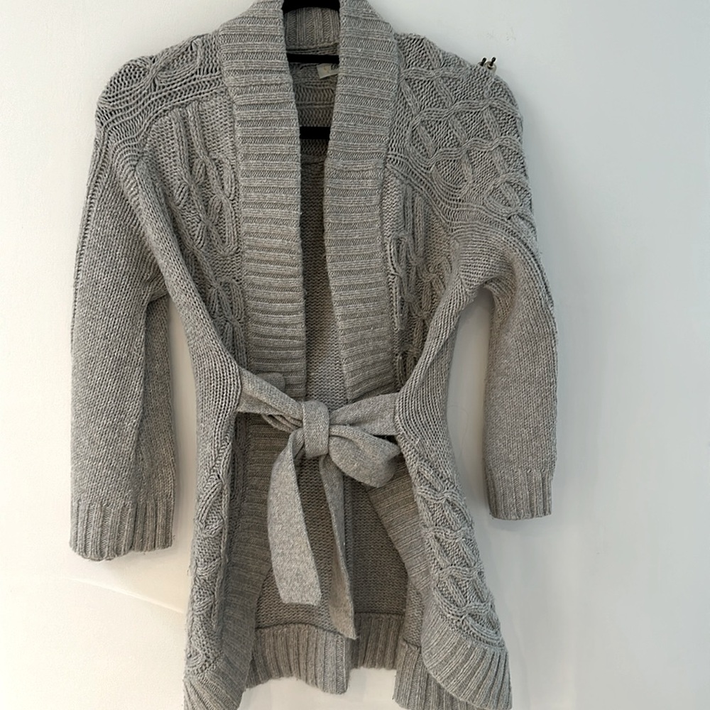 Beth Bowley grey wool cable knit tie sweater cardigan size L